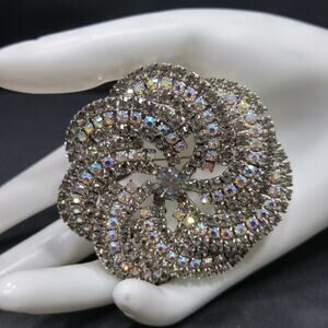 Vintage Pinwheel Rhinestones Brooch, AB Rhinestones, Rhodium Plated, 1960s